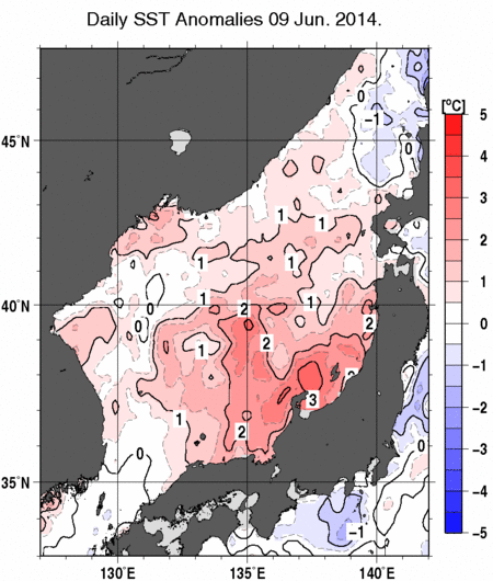 日本海の海面水温平年差分布図（6月9日）