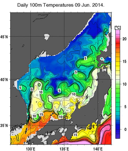 日本海の深さ100mの水温分布図（6月9日）
