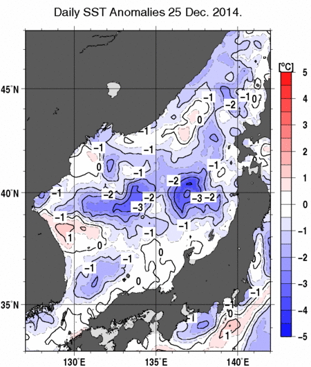 日本海の海面水温平年差分布図（12月25日）