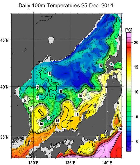 日本海の深さ100mの水温分布図（12月25日）