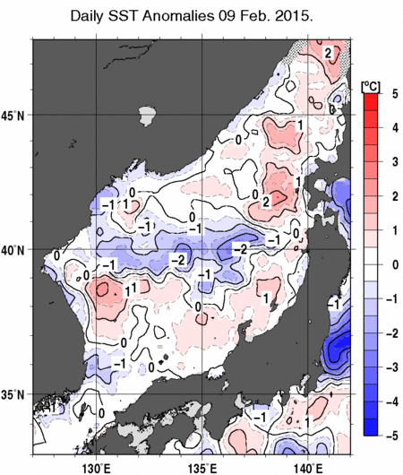 日本海の海面水温平年差分布図（2月9日）