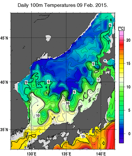 日本海の深さ100mの水温分布図（2月9日）