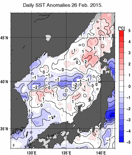 日本海の海面水温平年差分布図（2月26日）