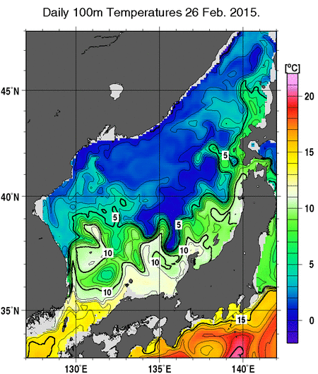 日本海の深さ100mの水温分布図（2月26日）