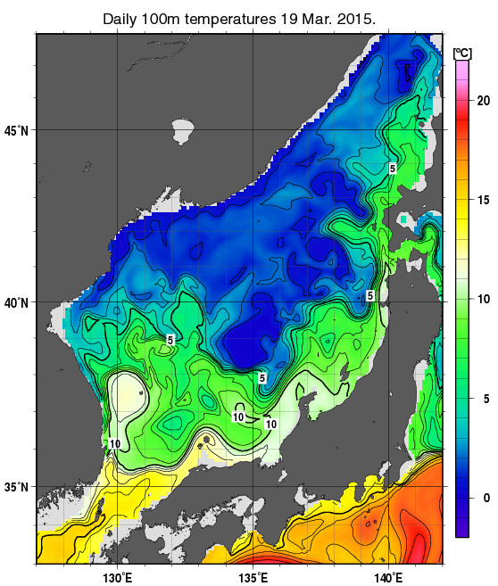 日本海の深さ100mの水温分布図（3月19日）