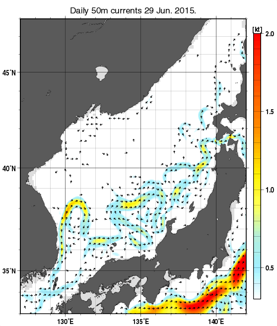 日本海の深さ50mの海流分布図（6月29日）