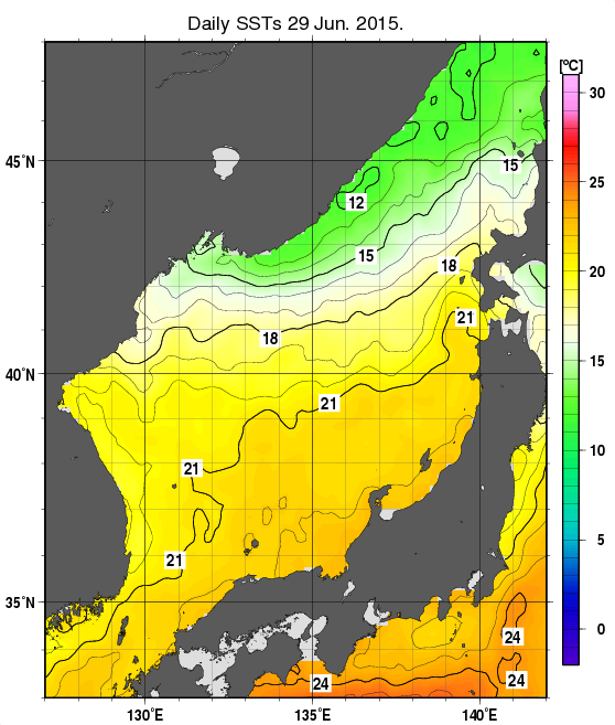 日本海の海面水温分布図（6月29日）