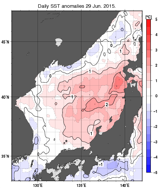 日本海の海面水温平年差分布図（6月29日）