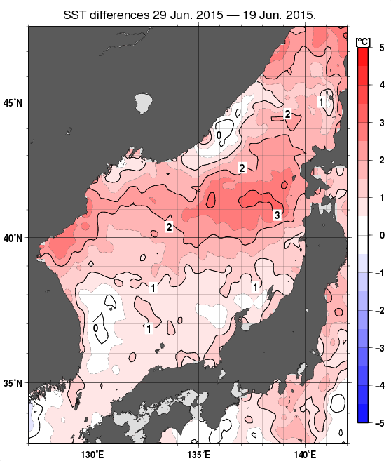 日本海の10日間の海面水温変化量分布図（6月29日）