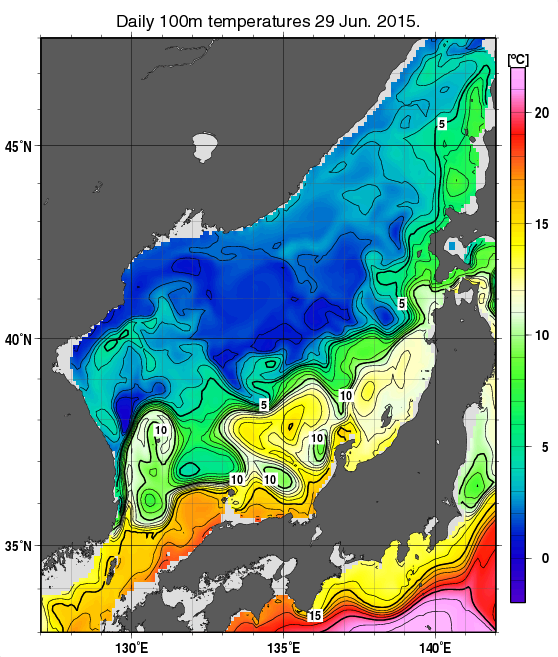 日本海の深さ100mの水温分布図（6月29日）