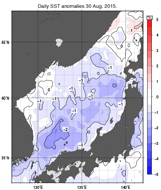 日本海の海面水温平年差分布図（8月30日）