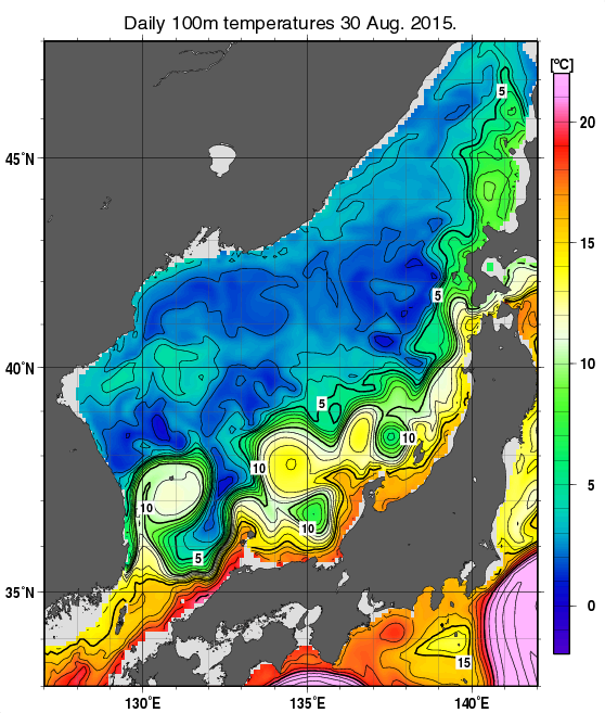 日本海の深さ100mの水温分布図（8月30日）