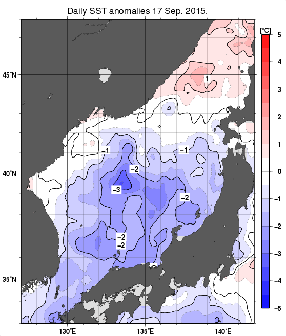 日本海の海面水温平年差分布図（9月17日）