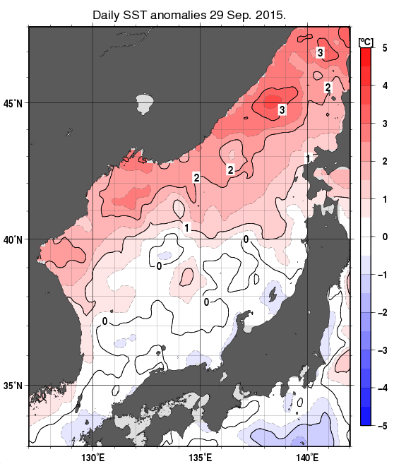 日本海の海面水温平年差分布図（9月29日）