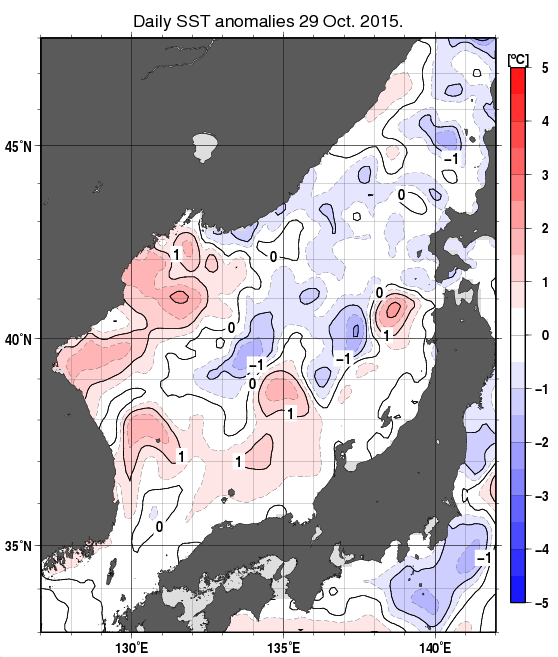 日本海の海面水温平年差分布図（10月29日）