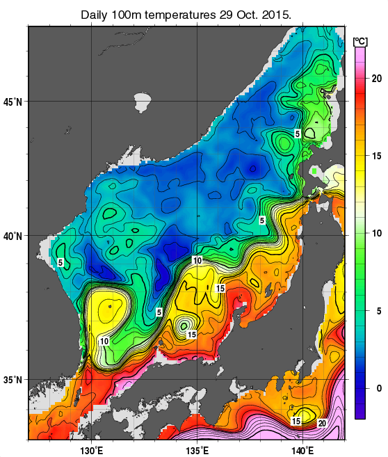 日本海の深さ100mの水温分布図（10月29日）