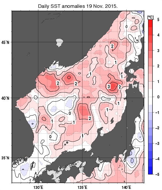 日本海の海面水温平年差分布図（11月19日）