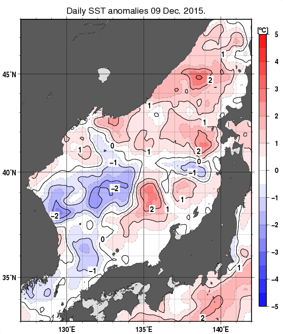 日本海の海面水温平年差分布図（12月9日）
