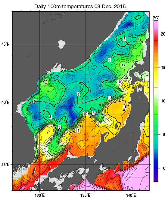 日本海の深さ100mの水温分布図（12月9日）