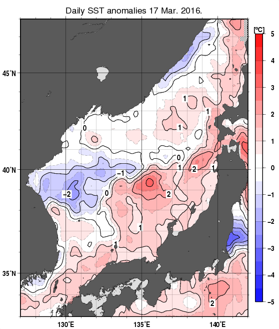 日本海の海面水温平年差分布図（3月17日）