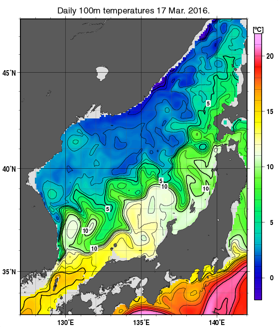 日本海の深さ100mの水温分布図（3月17日）