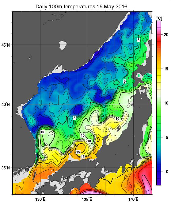 日本海の深さ100mの水温分布図（5月19日）