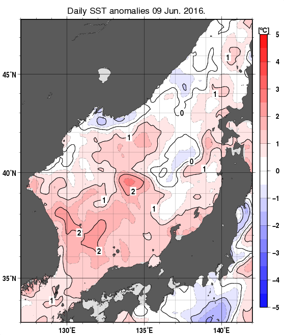 日本海の海面水温平年差分布図（6月9日）