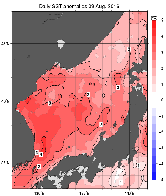 日本海の海面水温平年差分布図（8月9日）