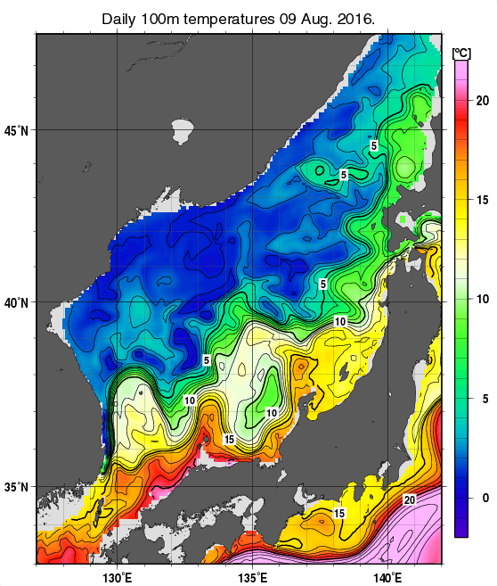 日本海の深さ100mの水温分布図（8月9日）