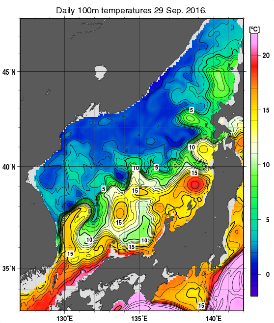 日本海の深さ100mの水温分布図（9月29日）