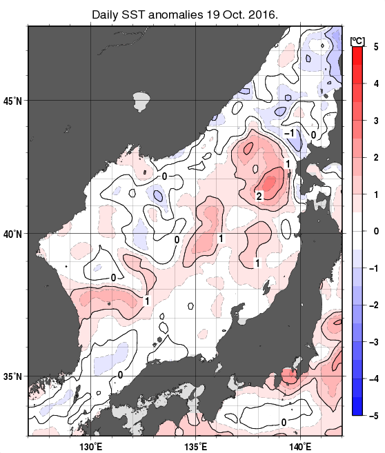 日本海の海面水温平年差分布図（10月19日）