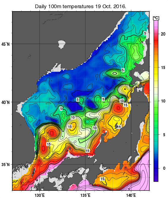 日本海の深さ100mの水温分布図（10月19日）