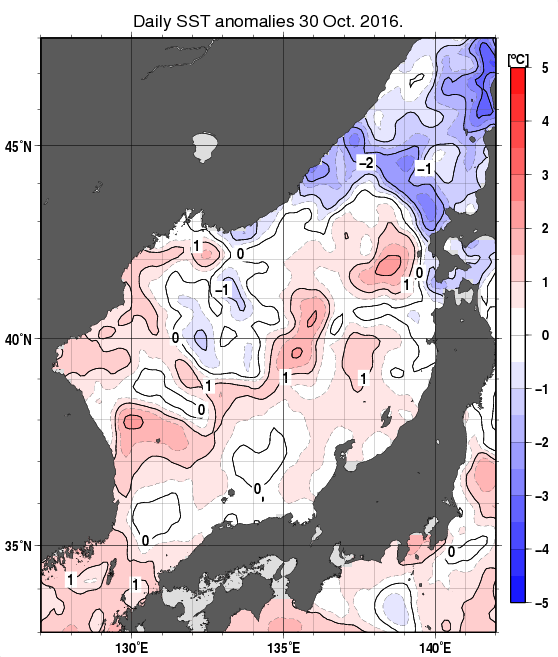 日本海の海面水温平年差分布図（10月30日）