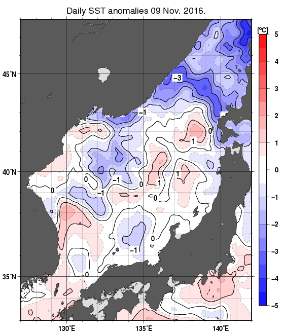 日本海の海面水温平年差分布図（11月9日）