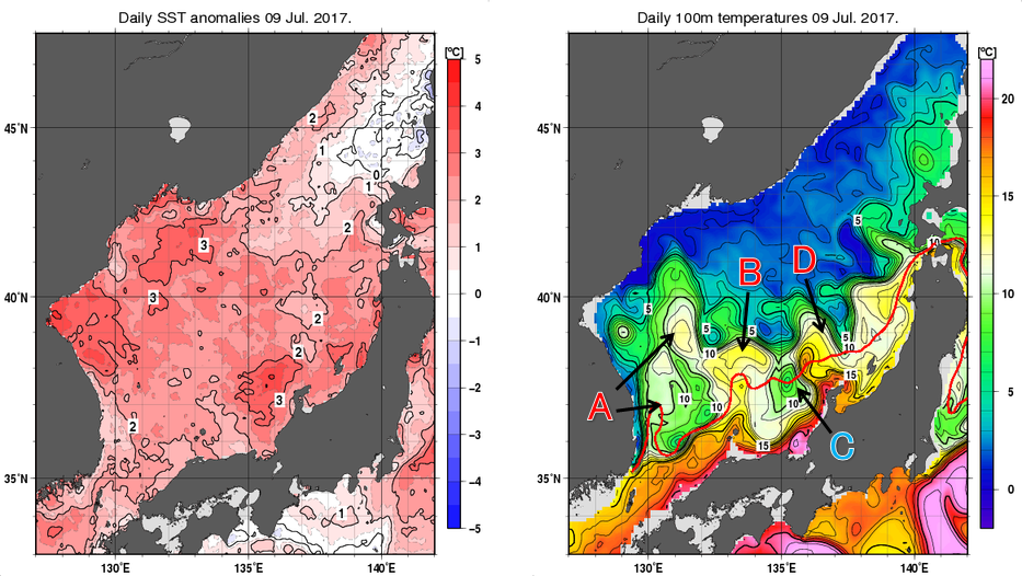 日本海の海面水温平年差分布図および深さ100mの水温分布図（7月9日）