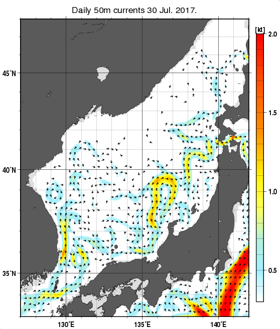 日本海の深さ50mの海流分布図（7月30日）