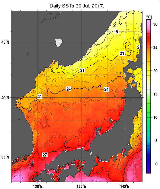 日本海の海面水温分布図（7月30日）