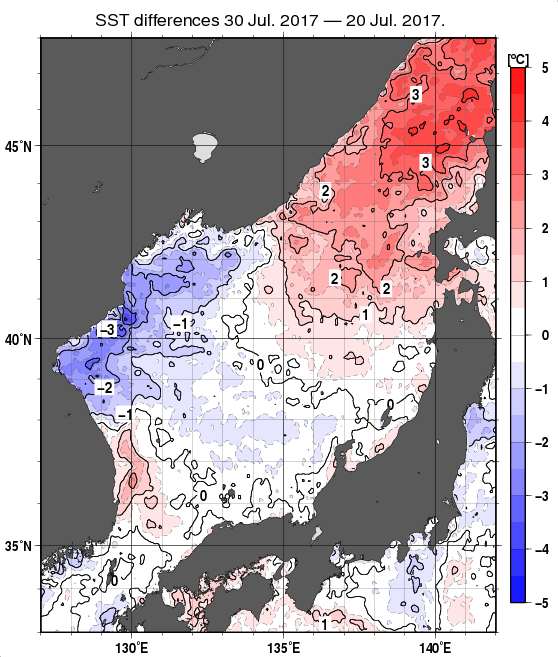日本海の10日間の海面水温変化量分布図（7月30日）