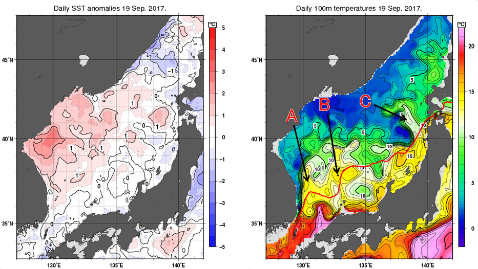 日本海の海面水温平年差分布図および深さ100mの水温分布図（9月19日）