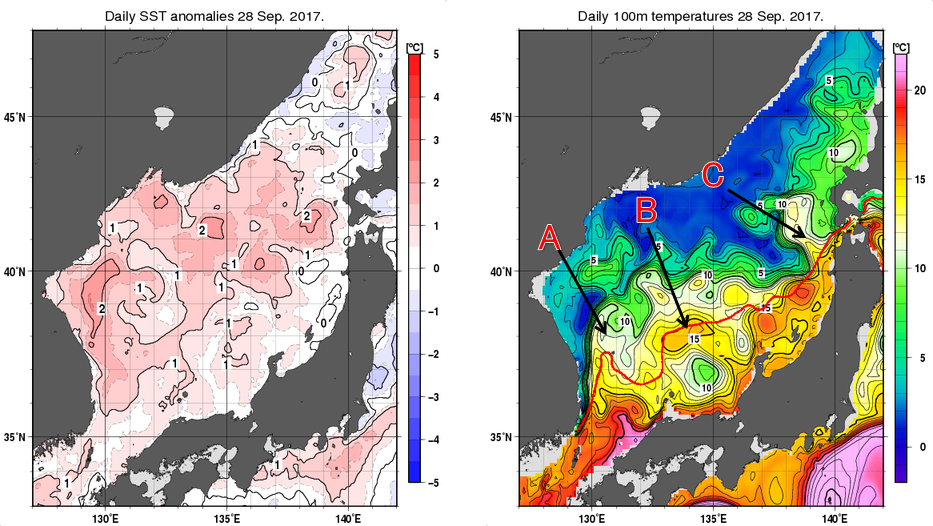 日本海の海面水温平年差分布図および深さ100mの水温分布図（9月28日）