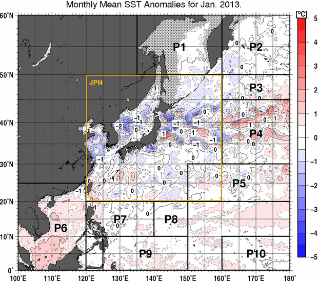 北西太平洋の月平均海面水温平年差分布図 （2013年1月）