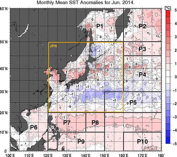 北西太平洋の月平均海面水温平年差分布図（2014年6月）