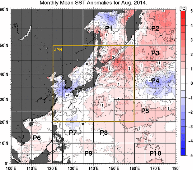 北西太平洋の月平均海面水温平年差分布図（2014年8月）