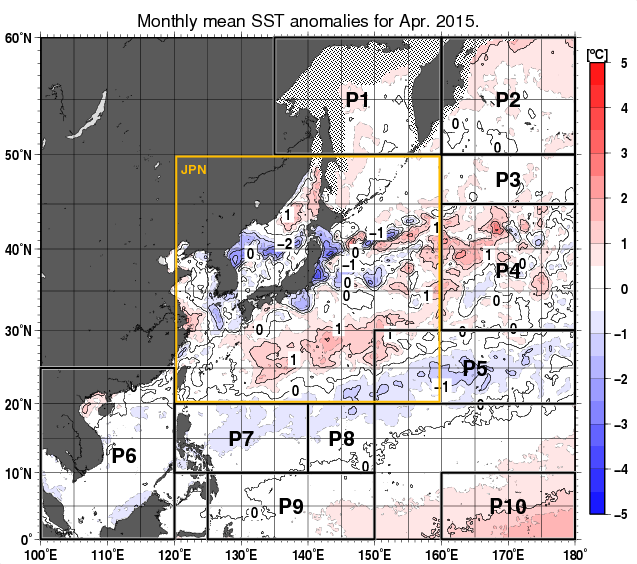 北西太平洋の月平均海面水温平年差分布図（2015年4月）