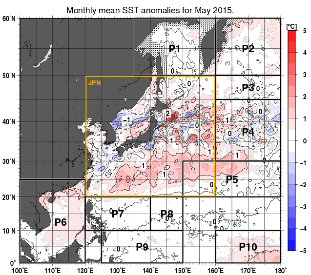 北西太平洋の月平均海面水温平年差分布図（2015年5月）