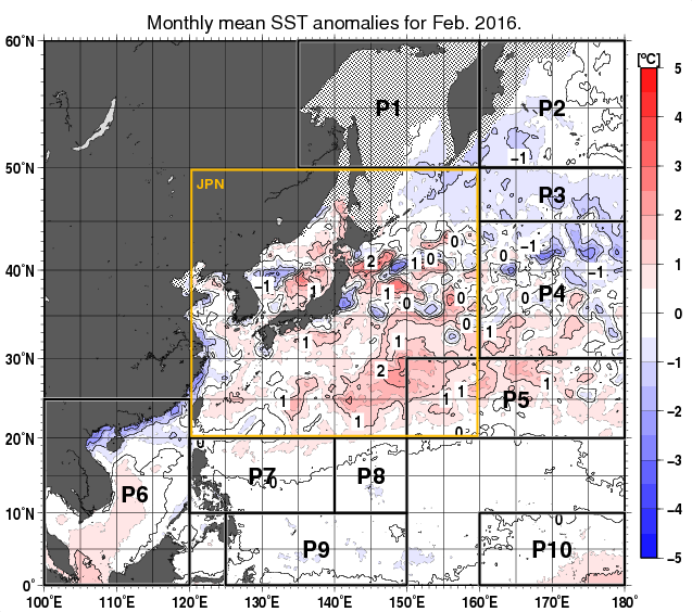 北西太平洋の月平均海面水温平年差分布図（2016年2月）