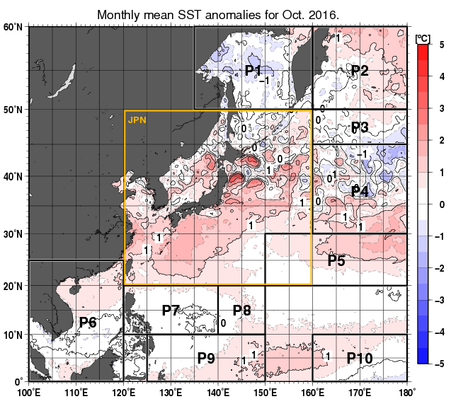 北西太平洋の月平均海面水温平年差分布図（2016年10月）