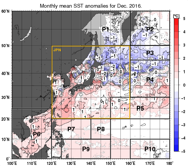 北西太平洋の月平均海面水温平年差分布図（2016年12月）