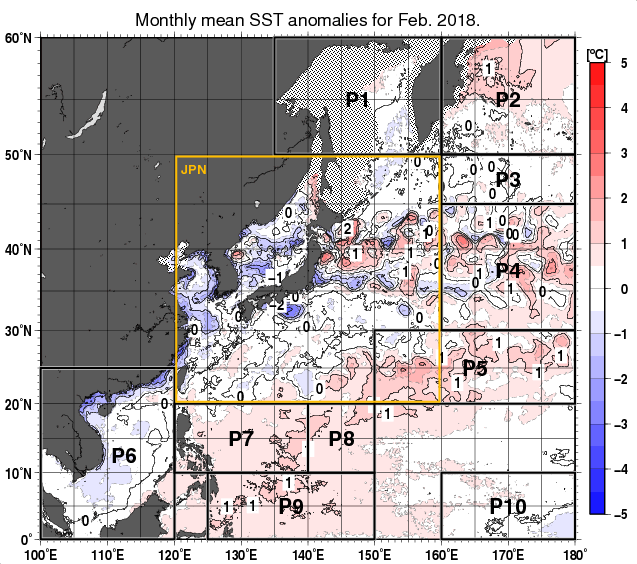 北西太平洋の月平均海面水温平年差分布図（2018年2月）