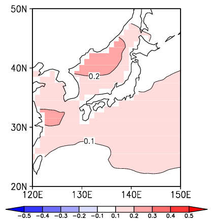 日本近海の海面水温の十年規模の最も卓越する変動の分布